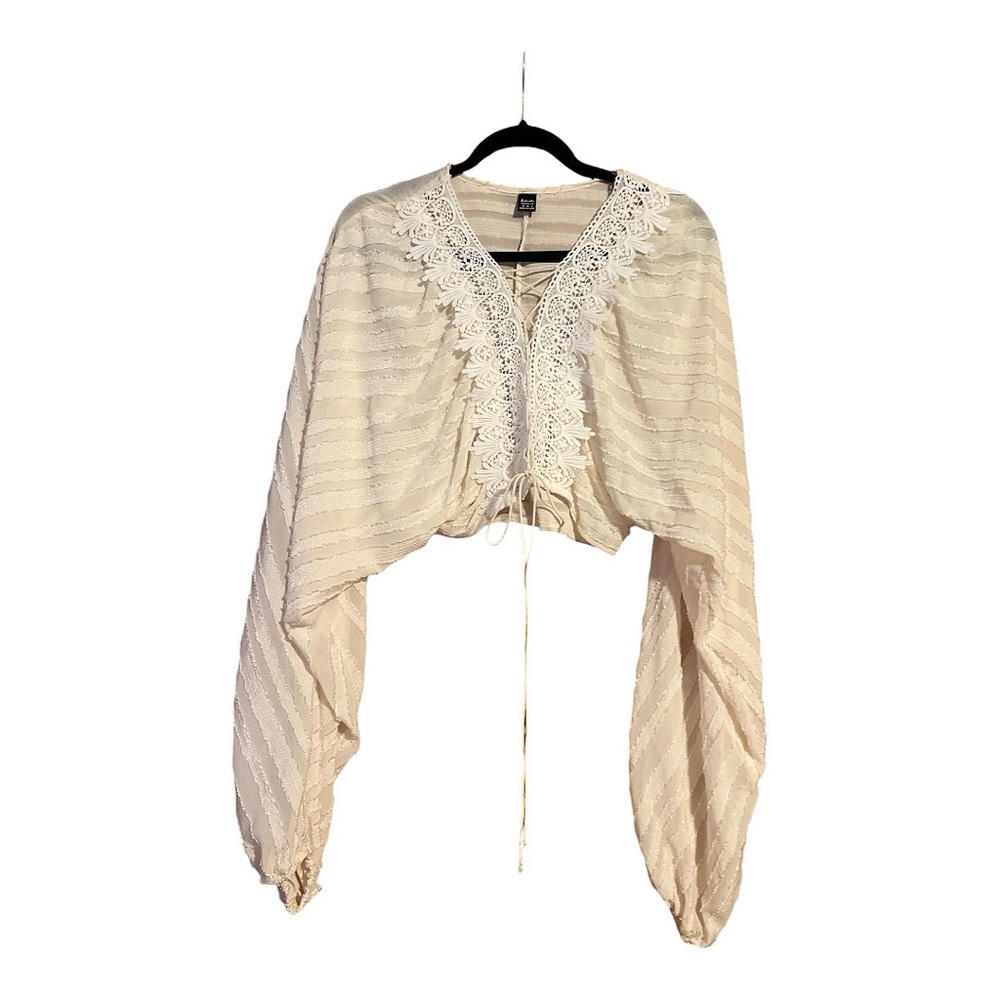 Salant Women's Sexy Lace Up Front Ribbed Crop Top Long Sleeve White Lace Shirt